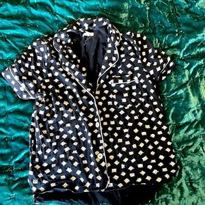 Madewell Cat Printed Black and White Short Sleeve Button Up Pajama Top L